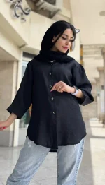 مانتو آستین پفی جلو دکمه مشکی کد 1337