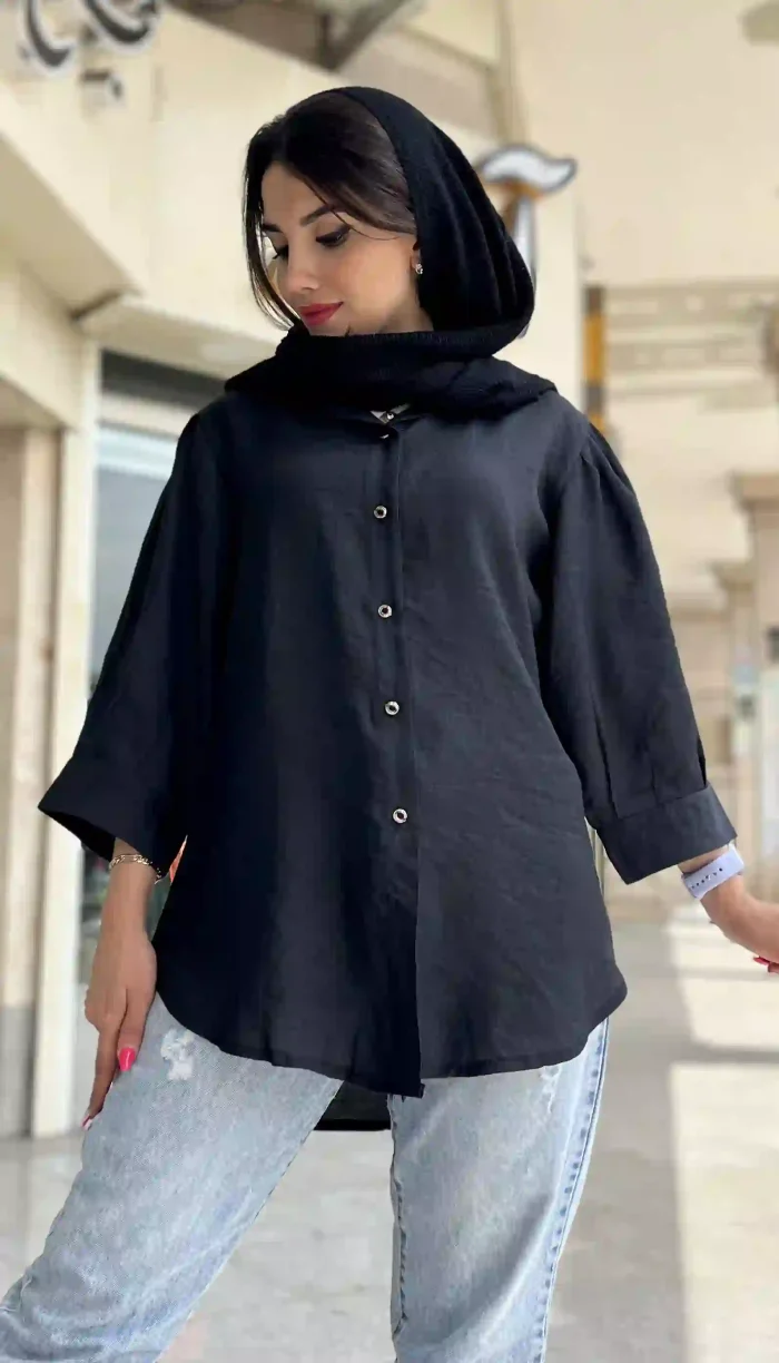 مانتو آستین پفی جلو دکمه مشکی کد 1337 - Image 2