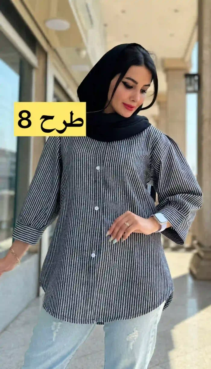 مانتو راه راه آستین پفی کد 1366 - Image 9