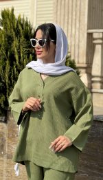 ست مانتو و شلوار اطلس بیسکوییتی کد 1457 - Image 6