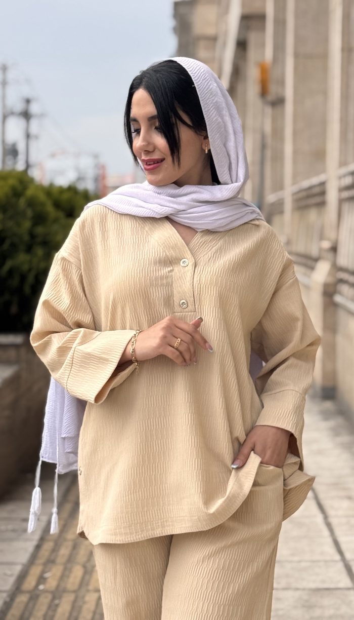 ست مانتو و شلوار اطلس بیسکوییتی کد 1457 - Image 11