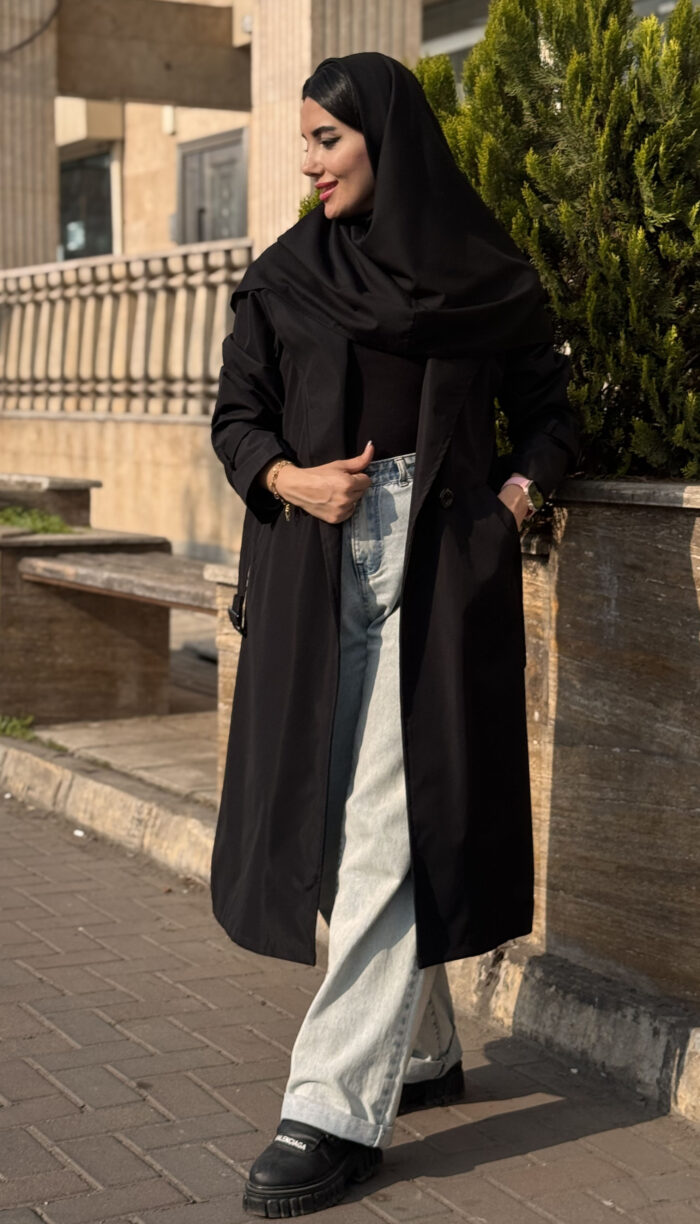ترنچ کت بلند Zara مشکی کمربند دار کد 1609 - Image 2