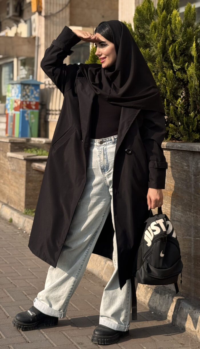 ترنچ کت بلند Zara مشکی کمربند دار کد 1609 - Image 5