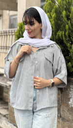 مانتو لینن راه راه باکسی دو قاپک کد 1651 - Image 4