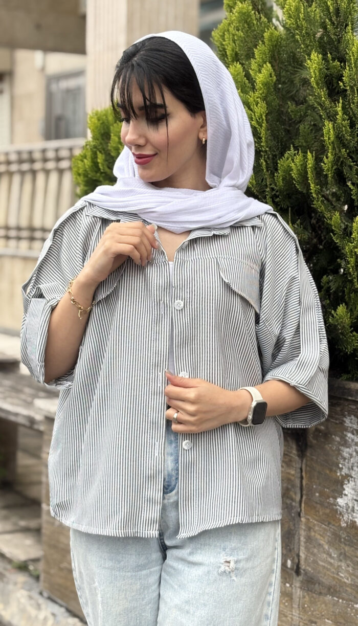 مانتو لینن راه راه باکسی دو قاپک کد 1651 - Image 4