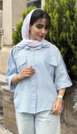 مانتو لینن راه راه باکسی دو قاپک کد 1651 - Image 6