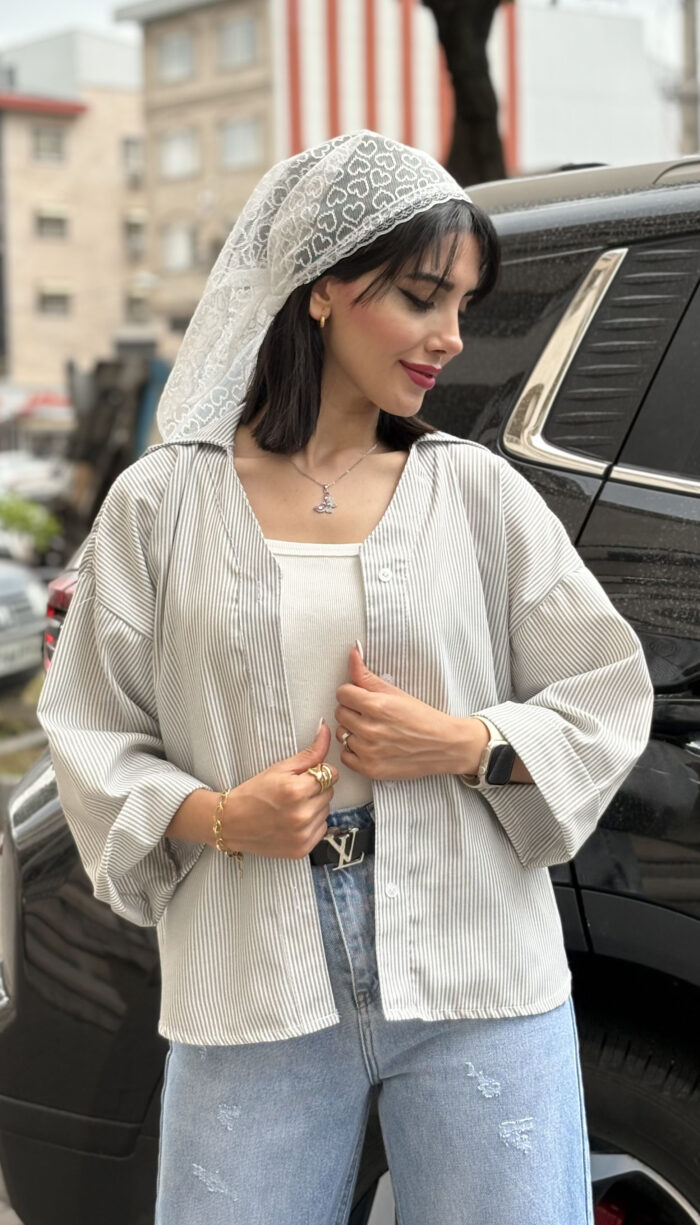 مانتو لینن راه راه یقه هفتی کد 1676 - Image 7