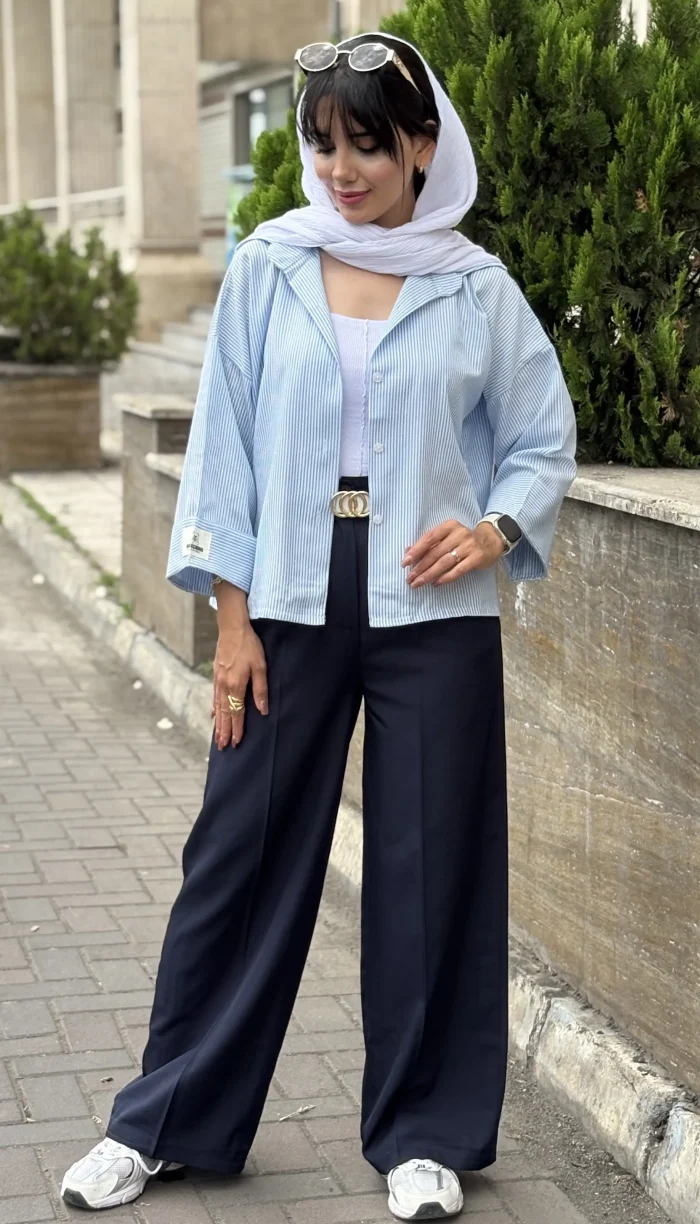 مانتو لینن راه راه باکسی کد 1704 - Image 3